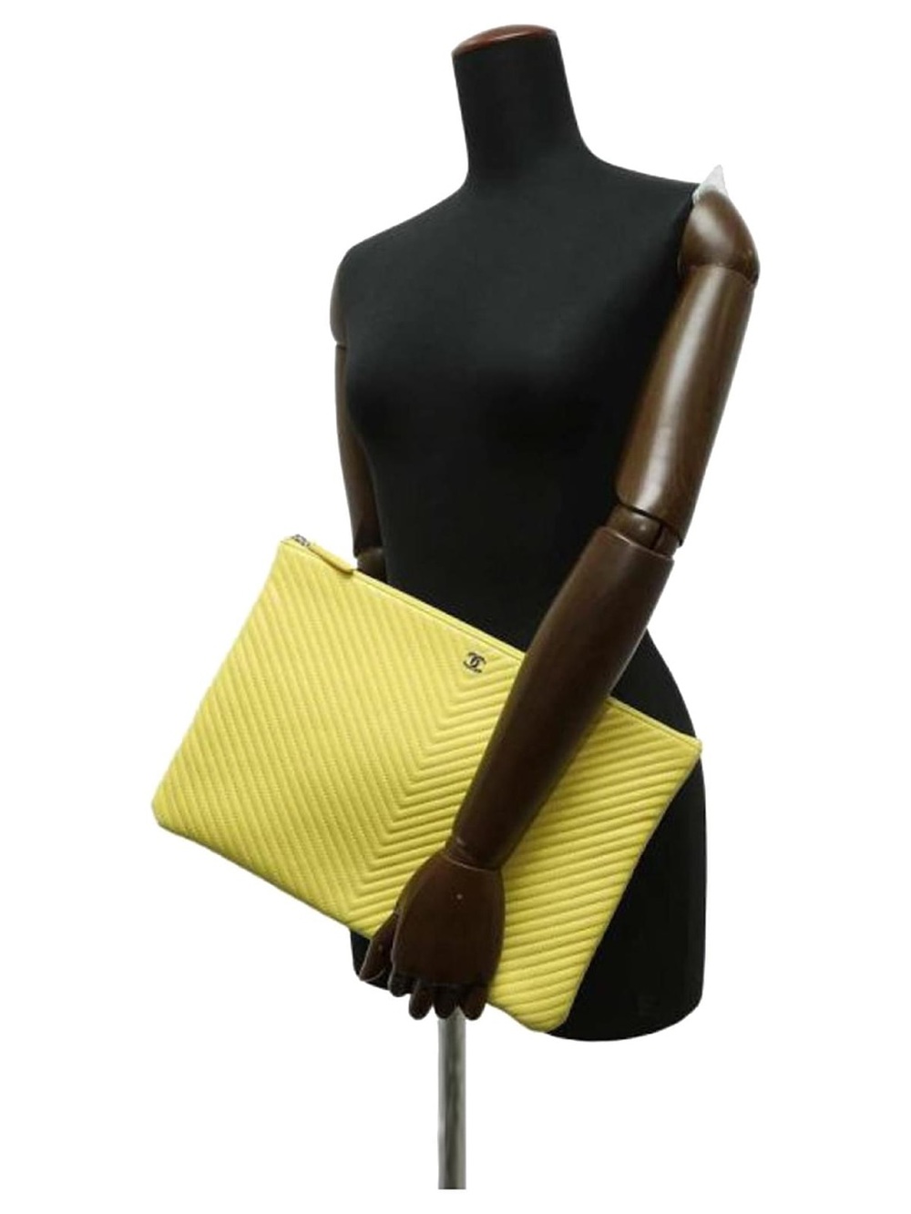 CHANEL Yellow Chevron Quilted Zip Pouch Clutch with CC Logo - Picture 1 of 4